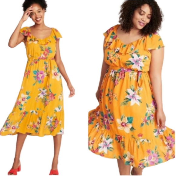 🎮Old Navy ruffle scoop neck Hawaiian Yellow Floral Dress size XL GUC - Picture 2 of 14